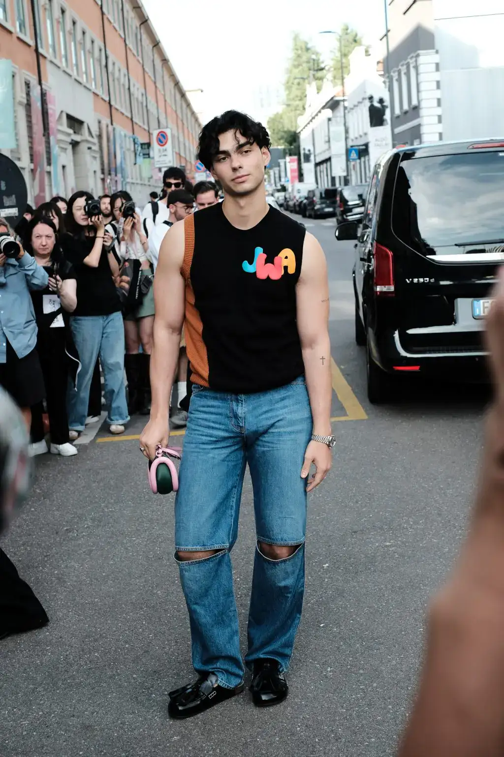Jacob Rott arrives at the JW Anderson fashion show