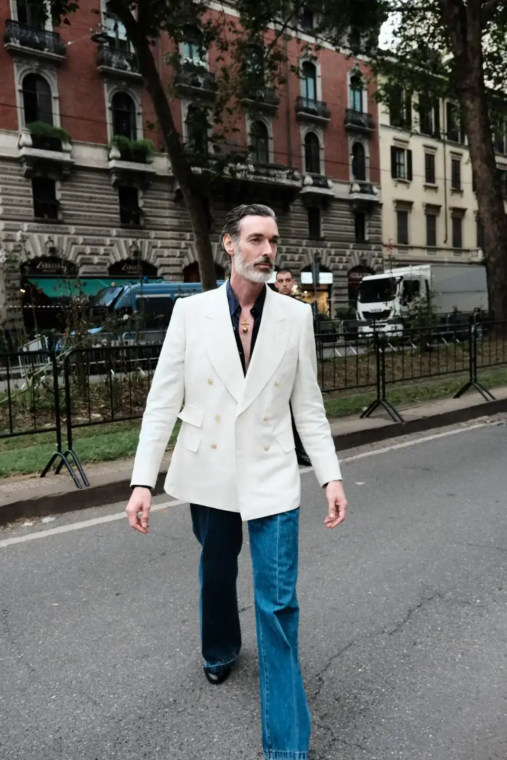 Richard Biedul in a double breasted linen jacket