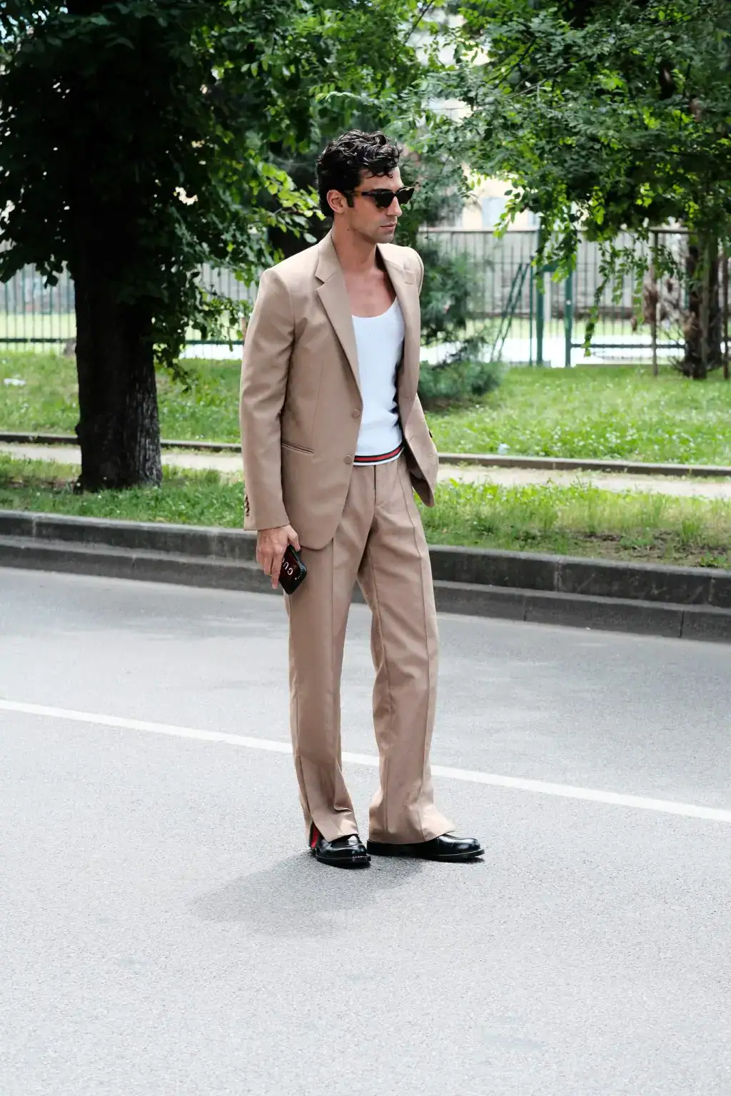 Francisco Faria in beige Gucci suit