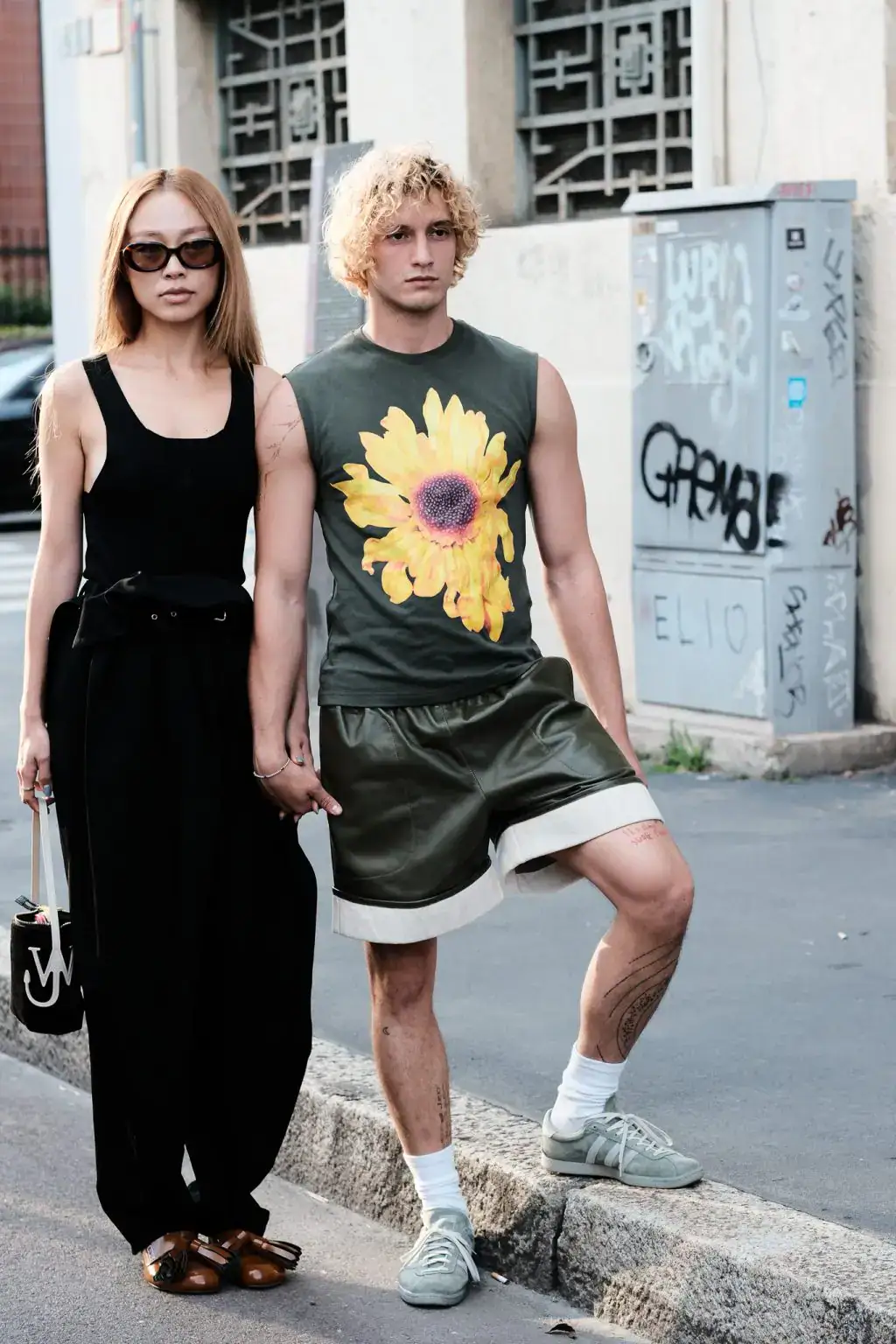 Gabriele Esposito arrives at the JW Anderson fashion show during the Milan Menswear Spring/Summer 2025